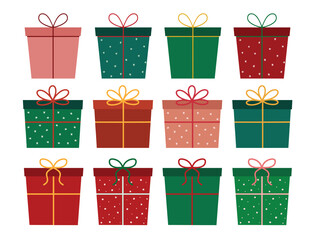 Vector illustration set of colorful Christmas gift boxes. Cartoon clip art of present boxes in red, green, pink and gold colors.