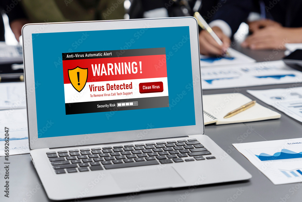 Aufkleber virus warning alert on computer screen detected brisk cyber threat , hacker, computer virus and malw