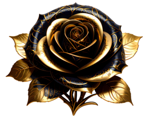 Black rose flower with four gold leaves and hints of gold on petals isolated on transparent background.