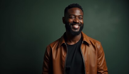 Obraz premium Confident and Charismatic African American Man Posing in a Leather Jacket Against a Green Studio Background