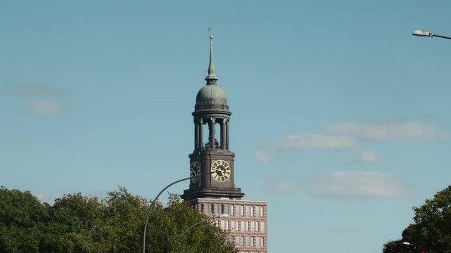 St Michaelis Michel church tower on sunny day in Hamburg, Germany.