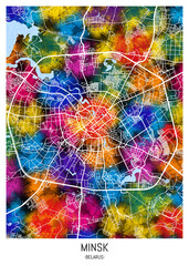 Fototapeta premium Minsk Belarus City Map. background downtown urban modern colorful bright graphic design, abstract travel art, new business district, Watercolor paint creative artwork