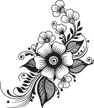 An intricate black and white line art illustration of a floral arrangement. The design features a cluster of flowers and leaves with delicate swirling details, giving it a traditional mehndi or henna 