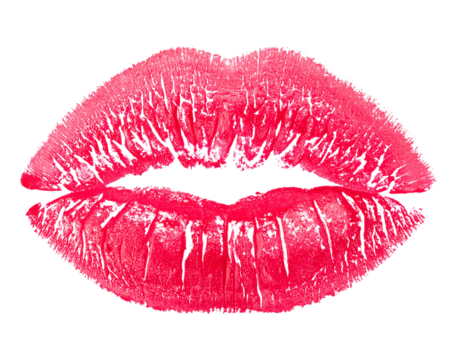 Bold Red Lipstick Kiss Mark, Full Imprint with Defined Texture, Isolated on Transparent Background