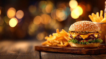 Fast Food, burger and fries on wooden tray, vibrant lighting