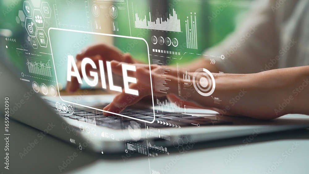 Poster hands typing on laptop with overlay of agile methodology graphics and data visualization concept. as
