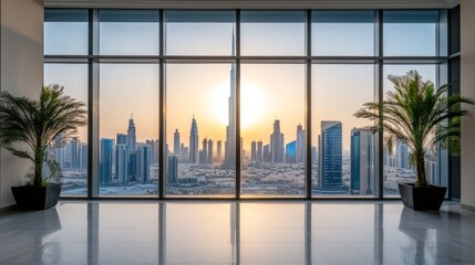 Spectacular Dubai Skyline View from Modern Interior with Towering Burj Khalifa