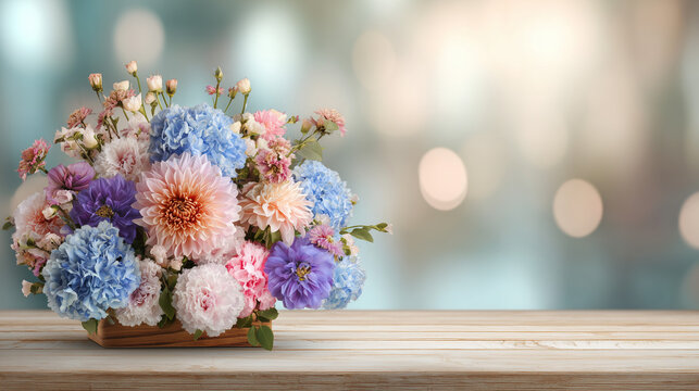 Banner Flower Shop, colorful fresh bouquets on table, bokeh background - Powered by Adobe