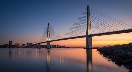 Obraz premium Illuminated Cable-Stayed Bridge Reflects in Calm Water at Dusk with City Skyline