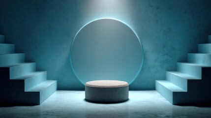 Modern minimalist display with circular backdrop and illuminated steps in a serene blue environment