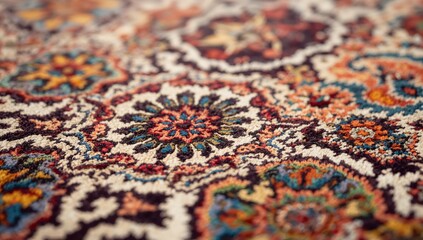 Detailed close up of the colorful Persian carpet design featuring intricate floral motifs, warm tones, and textured fabric captured indoors under soft natural lighting
