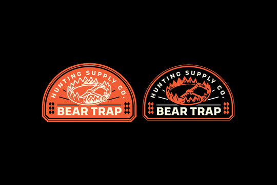 Bear trap hunting retro badge logo vector design set for adventure, outdoor. Deadfall trap vintage emblem logo graphic pack. Snare pitfall equipment illustration label element design