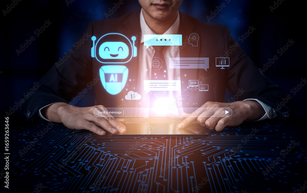 Poster ai chatbot improves virtual assistant interaction. ai chatbot processes text, supports users, ai cha