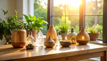 Golden hour sunlight illuminates a tranquil home wellness setup with wooden diffusers, a lit candle, and fresh green plants