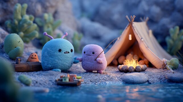 Cute little monster hanging out together 3D render camping by a jellybean river