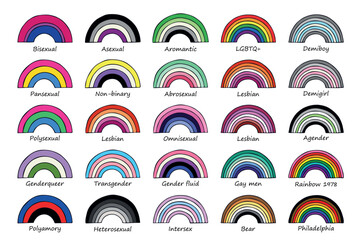 Set of colorful LGBTQ+ pride flag rainbows Gender equality and sexual identity pride flags collection LGBTQIA community pride month