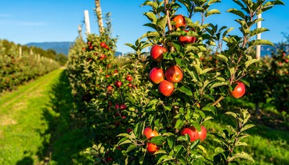 Lush apple orchard under a clear sky