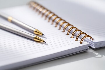 Silver and Gold Pens on Lined Spiral Notebook, Minimalist Office Stationery Still Life