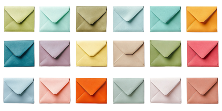 Many colorful envelopes arranged in a grid pattern