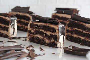 Chocolate pastry on white textured background