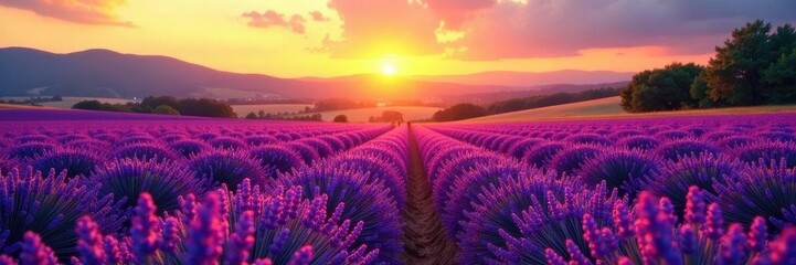 Fototapeta premium Golden sunrise paints Bulgarian lavender fields purple hues, rural, light, field