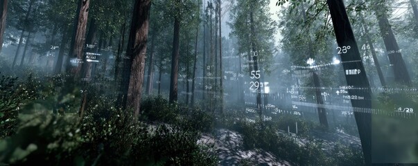 A forest scene with overlayed digital information showing trees and undergrowth in a misty setting