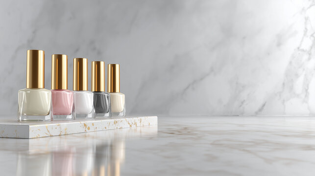Nail Salon, nail polish bottles on marble table, soft lighting, 3D realistic, empty space for service promo