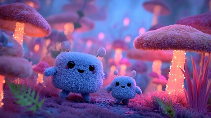 Cute little monster hanging out together 3D render walking in a glowing mushroom field