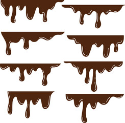 Vector illustration of melted chocolate, decorative shapes liquids. Stain shape collection, splashes drops, cartoon flat spatters.