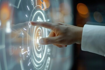 Businessman's finger touches a digital identity biometric system for security, work and technology in the style of concept.