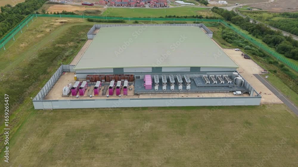 Poster aerial drone view of advanced data centre in the uk with cutting-edge cooling systems and high-densi