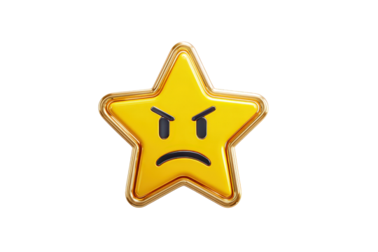 Frowning Star Emoticon Badge with Angry Expression on Transparent Background