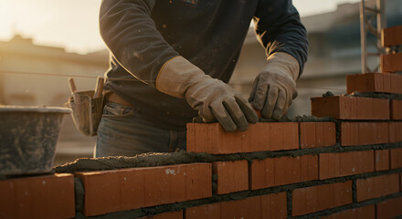 Construction Worker Laying Red Bricks with Mortar on Building Site