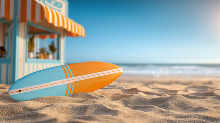 Surf Shop, surfboard on sandy beach, bright sunlight