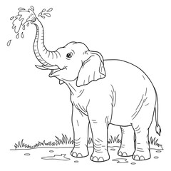Playful cartoon elephant splashing water from its trunk while standing on grassy ground, drawn in clean black-and-white line art.