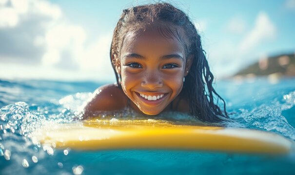 Happy African American girl surfing in the ocean, smiling as she rides a yellow surfboard on a sunny summer day. Blue sky and water provide a perfect beach holiday scene, with space, Generative AI
