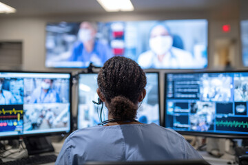 Specialist shares scans and test results with colleagues in multi-user video call, medical team in different hospitals collaborates, example of remote professional consultation