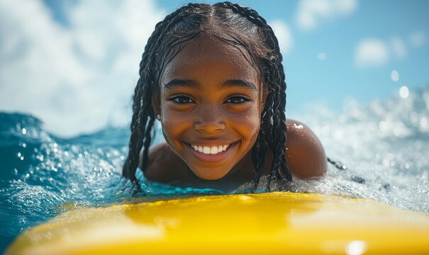 Happy African American girl surfing in the ocean, smiling as she rides a yellow surfboard on a sunny summer day. Blue sky and water provide a perfect beach holiday scene, with space, Generative AI