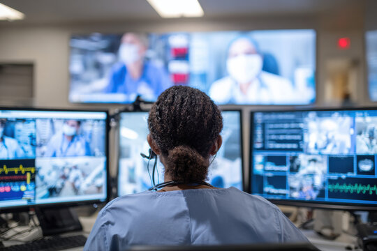 Specialist shares scans and test results with colleagues in multi-user video call, medical team in different hospitals collaborates, example of remote professional consultation