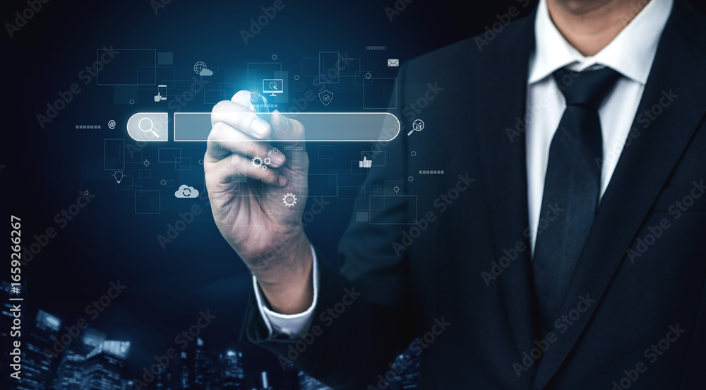 Poster search engine interface for accessing digital information and online data. search engine finds data,
