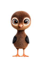 Cute Cartoon Baby Bird Standing on Transparent Background with Big Eyes and Fluffy Brown Feathers