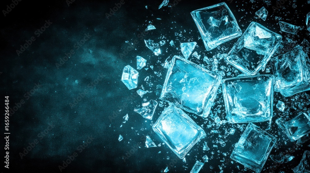 Poster abstract chilling composition featuring ice cubes and fragments on a dark backdrop