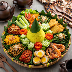 Traditional Indonesian Tumpeng Rice with Assorted Side Dishes