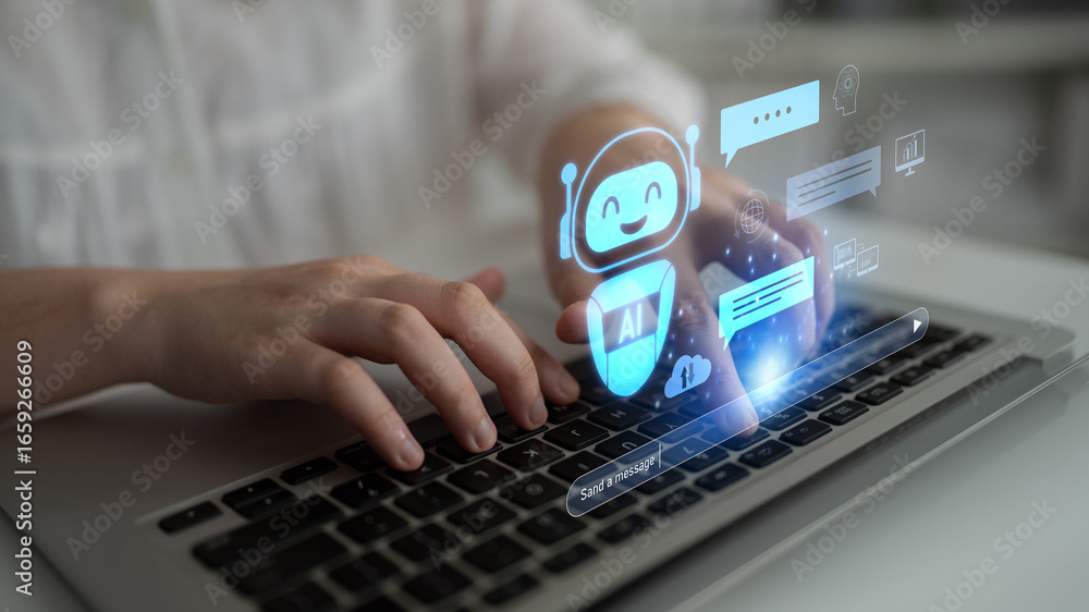 Poster ai chatbot improves virtual assistant interaction. ai chatbot processes text, supports users, ai cha