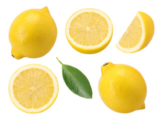 lemon fruit with leaves, slice and half isolated, transparent png, PNG format, cut out