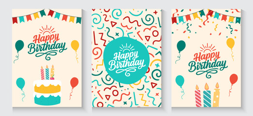 Birthday greeting card, poster and banner with cute style. happy birthday invitation templates with glitter, balloons, cake and gift box colorful elements, Celebration and party frame bright concept.