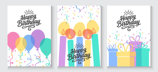 Birthday greeting card, poster and banner with cute style. happy birthday invitation templates with glitter, balloons, cake and gift box colorful elements, Celebration and party frame bright concept.