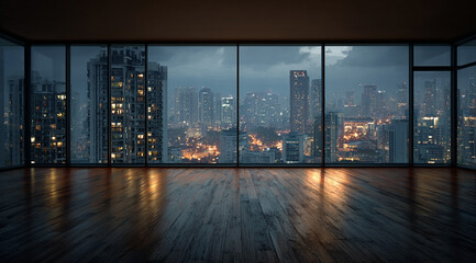 A modern empty room with a panoramic window overlooking the city skyline at night with illuminated buildings