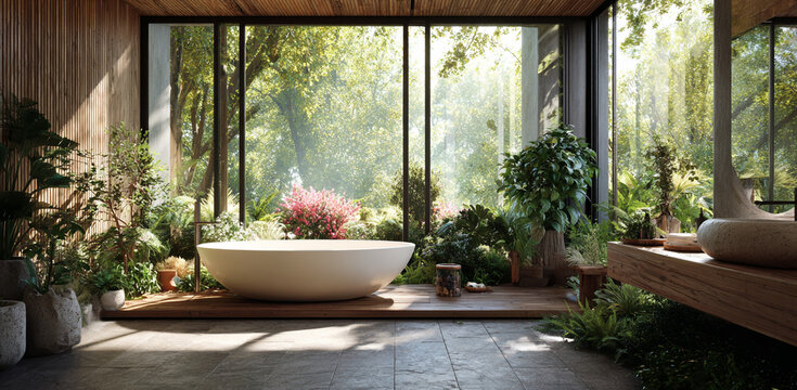 A bright and airy bathroom interior with a bathtub and a large window overlooking a lush tropical garden with plants - Powered by Adobe
