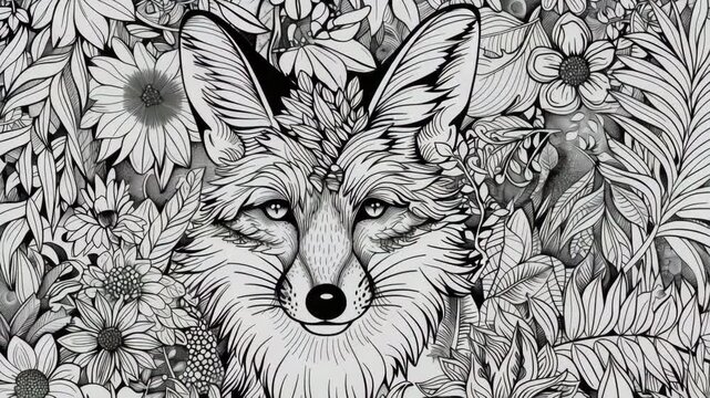 Discover a detailed adult coloring page showcasing a whimsical fox surrounded by lush plants and vibrant flowers, all crafted in a zendoodle style for relaxation and creativity.